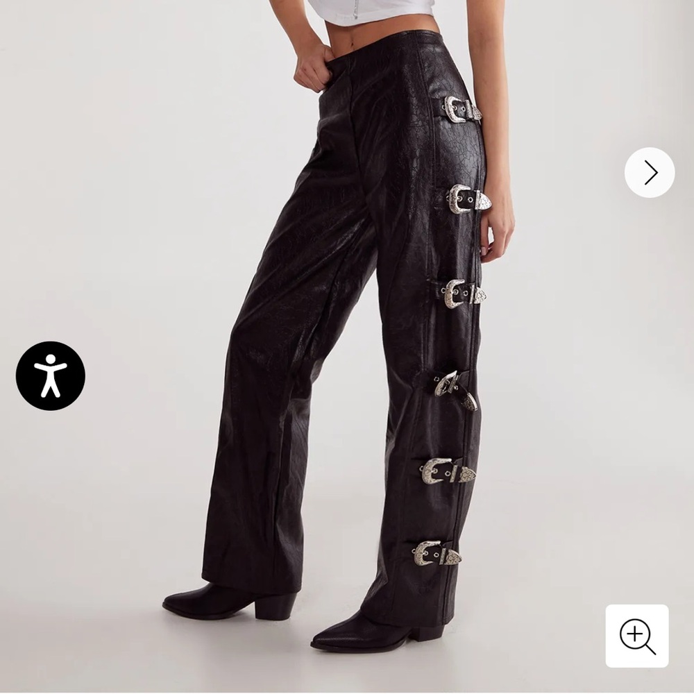 Distressed Faux Leather Buckle Detail Trouser